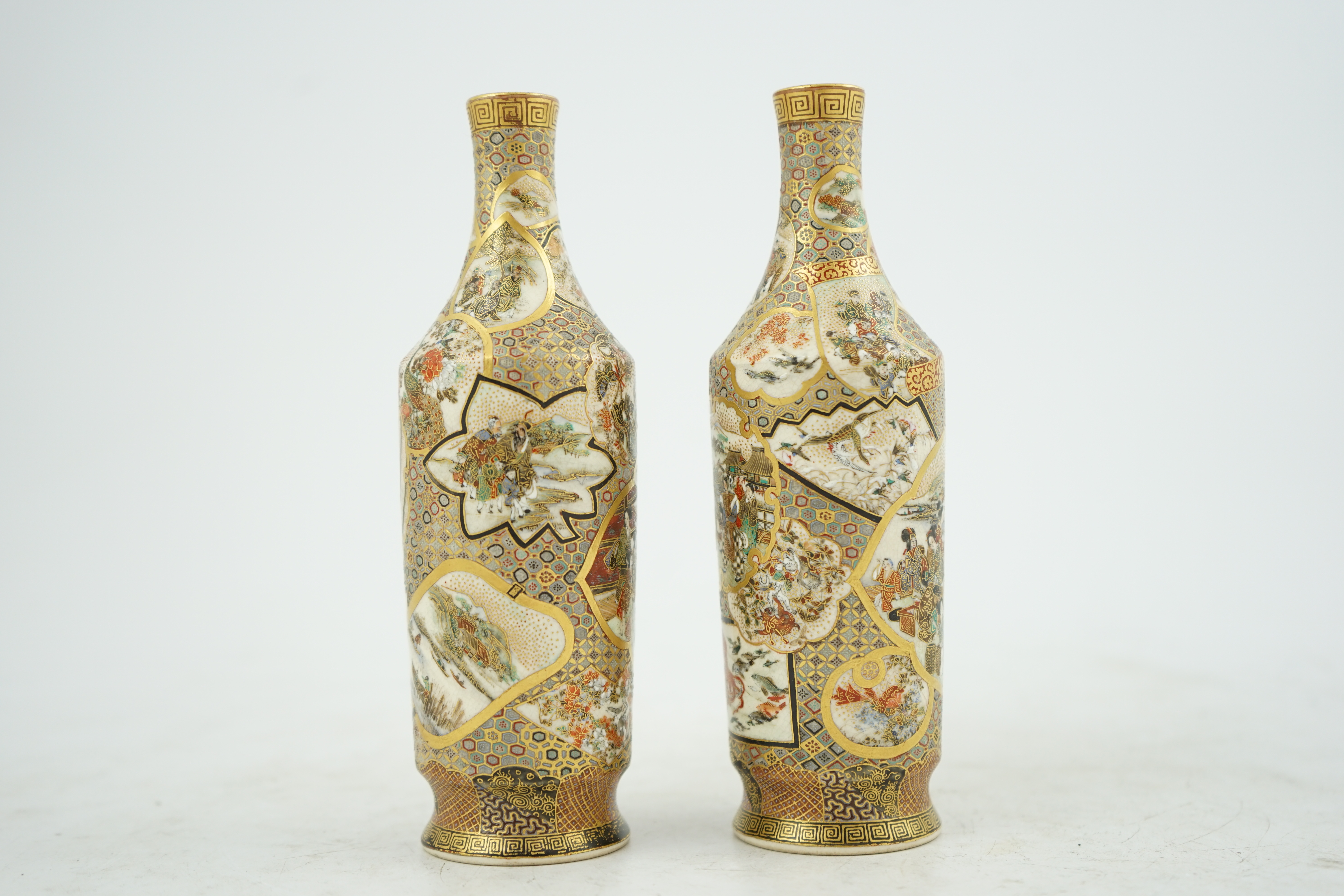 A pair of Japanese Satsuma bottle vases, Meiji period